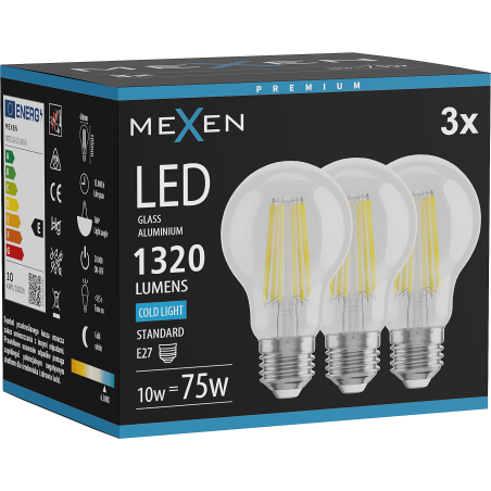 Mexen Vintis 3x LED žiarovka filament E27, A60, 10W, Studená - 6500K, 1320 lm, priehľadná - L150-E27-1065-00x03