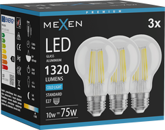 Mexen Vintis 3x LED žiarovka filament E27, A60, 10W, Studená - 6500K, 1320 lm, priehľadná - L150-E27-1065-00x03
