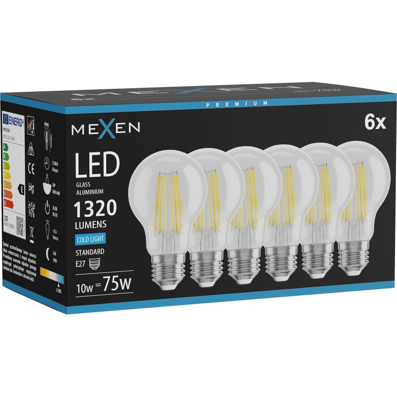 Mexen Vintis 6x Žiarovka filament LED E27, A60, 10W, Studená - 6500K, 1320 lm, priehľadná - L150-E27-1065-00x06