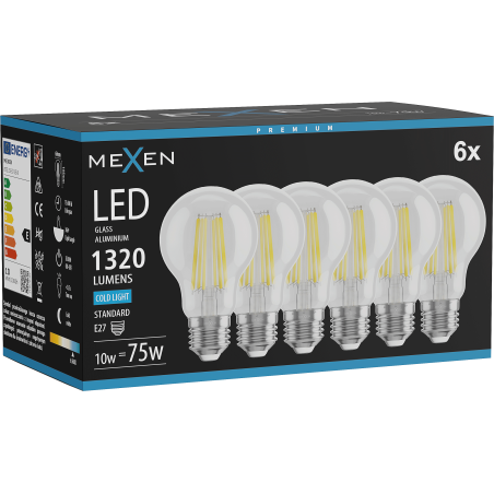 Mexen Vintis 6x Žiarovka filament LED E27, A60, 10W, Studená - 6500K, 1320 lm, priehľadná - L150-E27-1065-00x06