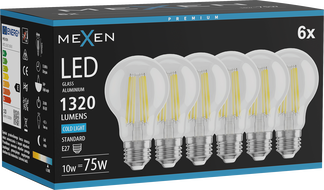 Mexen Vintis 6x Žiarovka filament LED E27, A60, 10W, Studená - 6500K, 1320 lm, priehľadná - L150-E27-1065-00x06