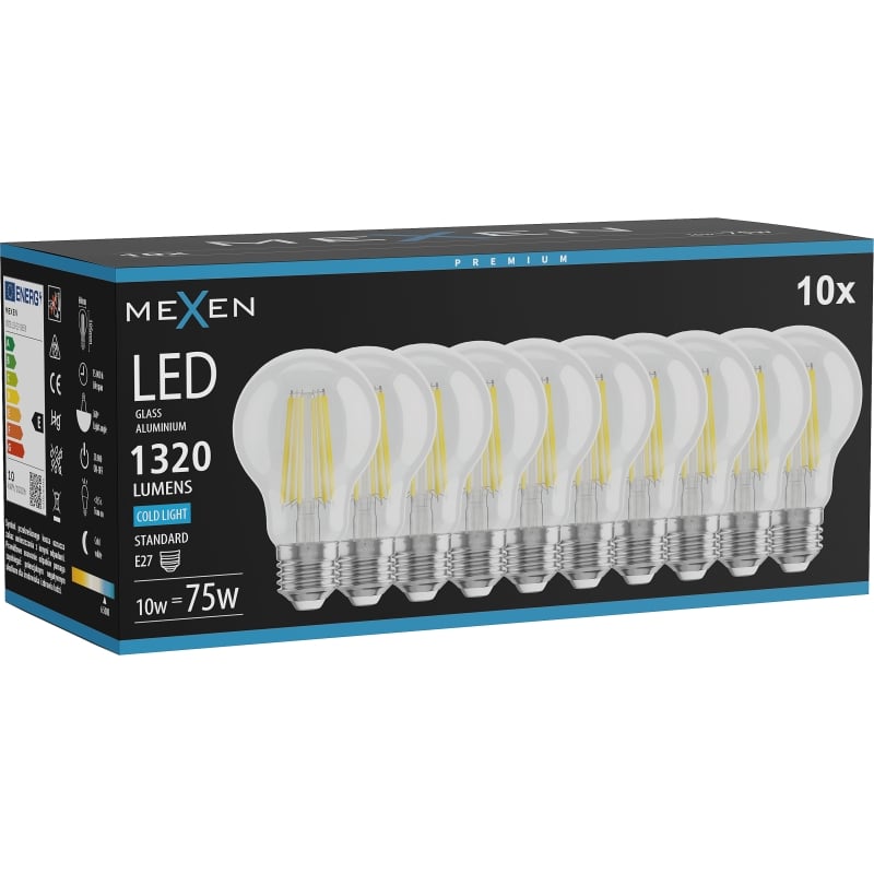 Mexen Vintis 10x žiarovka filament LED E27, A60, 10W, Studená - 6500K, 1320 lm, číra - L150-E27-1065-00x10