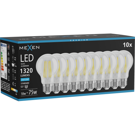 Mexen Vintis 10x žiarovka filament LED E27, A60, 10W, Studená - 6500K, 1320 lm, číra - L150-E27-1065-00x10