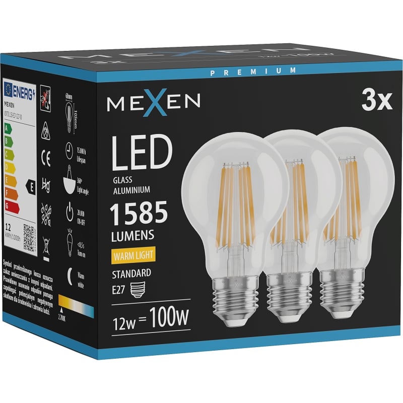 Mexen Vintis 3x LED žiarovka vlákno E27, A60, 12W, Teplá - 2700K, 1585 lm, číra - L150-E27-1227-00x03