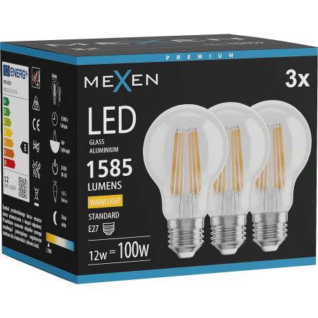Mexen Vintis 3x LED žiarovka vlákno E27, A60, 12W, Teplá - 2700K, 1585 lm, číra - L150-E27-1227-00x03
