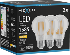 Mexen Vintis 3x LED žiarovka vlákno E27, A60, 12W, Teplá - 2700K, 1585 lm, číra - L150-E27-1227-00x03