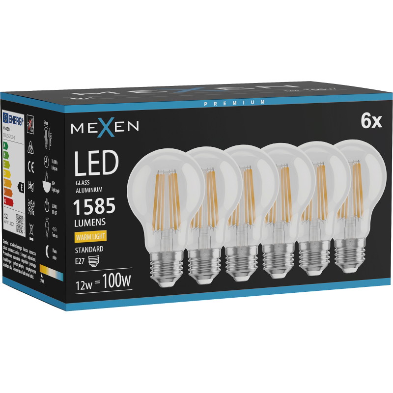 Mexen Vintis 6x Žiarovka filament LED E27, A60, 12W, Teplá - 2700K, 1585 lm, číra - L150-E27-1227-00x06