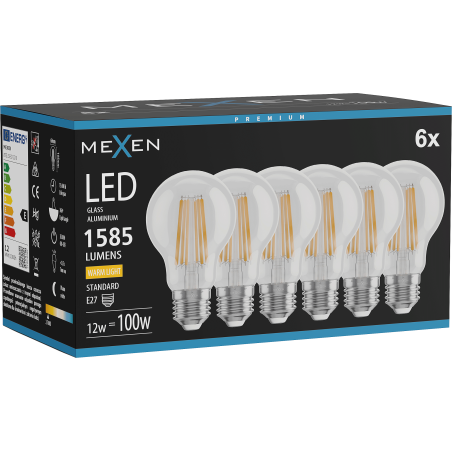 Mexen Vintis 6x Žiarovka filament LED E27, A60, 12W, Teplá - 2700K, 1585 lm, číra - L150-E27-1227-00x06