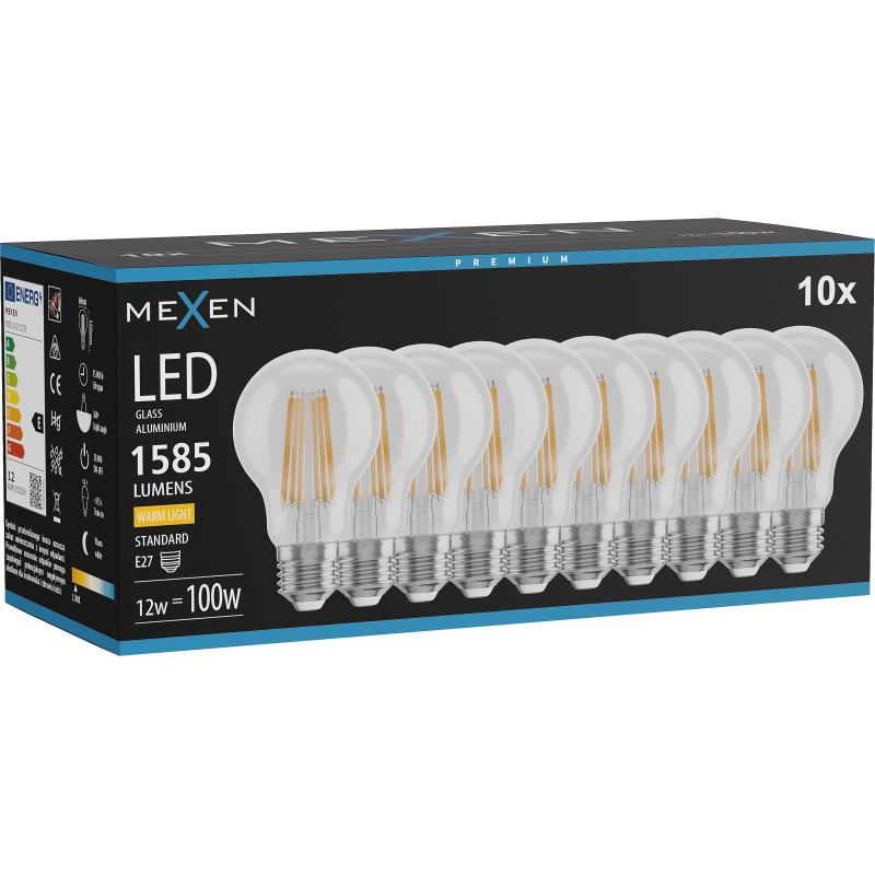 Mexen Vintis 10x LED žiarovka - vlákno E27, A60, 12W, Teplá - 2700K, 1585 lm, číra - L150-E27-1227-00x10