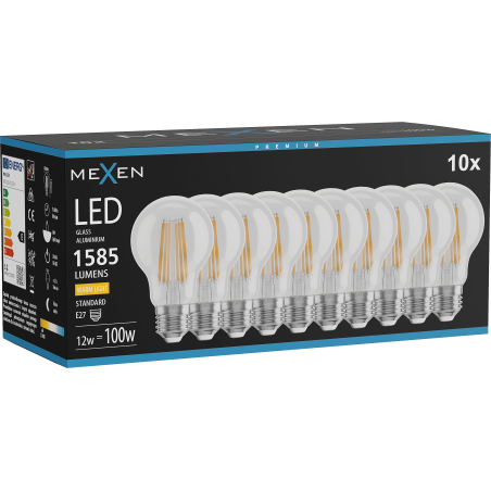 Mexen Vintis 10x LED žiarovka - vlákno E27, A60, 12W, Teplá - 2700K, 1585 lm, číra - L150-E27-1227-00x10