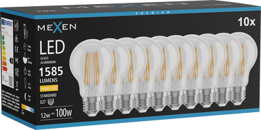 Mexen Vintis 10x LED žiarovka - vlákno E27, A60, 12W, Teplá - 2700K, 1585 lm, číra - L150-E27-1227-00x10