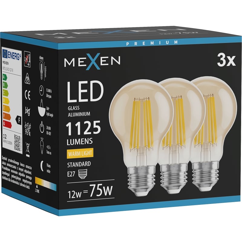 Mexen Vintis 3x LED žiarovka filament E27, A60, 12W, Teplá - 2700K, 1125 lm, jantárová - L150-E27-1227-50x03