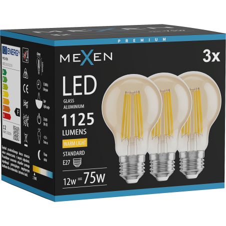 Mexen Vintis 3x LED žiarovka filament E27, A60, 12W, Teplá - 2700K, 1125 lm, jantárová - L150-E27-1227-50x03