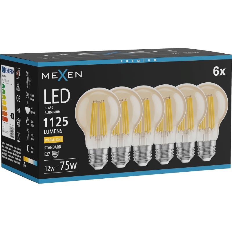 Mexen Vintis 6x Žiarovka filament LED E27, A60, 12W, Teplá - 2700K, 1125 lm, amber - L150-E27-1227-50x06