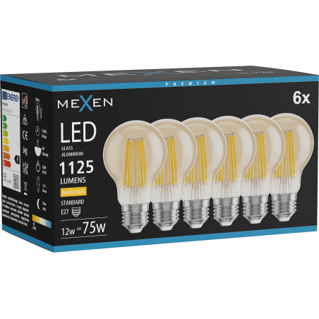 Mexen Vintis 6x Žiarovka filament LED E27, A60, 12W, Teplá - 2700K, 1125 lm, amber - L150-E27-1227-50x06