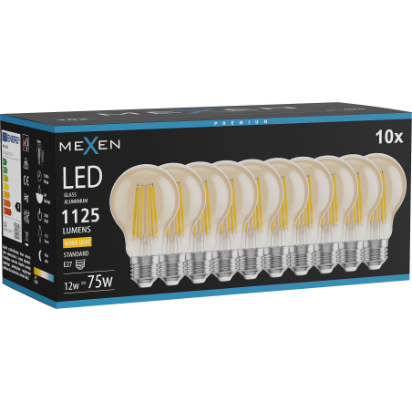 Mexen Vintis 10x Žiarovka filament LED E27, A60, 12W, Teplá - 2700K, 1125 lm, jantárová - L150-E27-1227-50x10