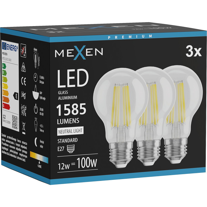 Mexen Vintis 3x LED žiarovka filament E27, A60, 12W, Neutrálna - 4000K, 1585 lm, priehľadná - L150-E27-1240-00x03