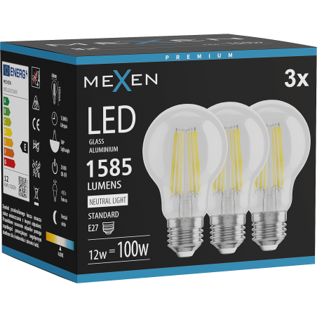 Mexen Vintis 3x LED žiarovka filament E27, A60, 12W, Neutrálna - 4000K, 1585 lm, priehľadná - L150-E27-1240-00x03