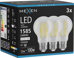 Mexen Vintis 3x LED žiarovka filament E27, A60, 12W, Neutrálna - 4000K, 1585 lm, priehľadná - L150-E27-1240-00x03