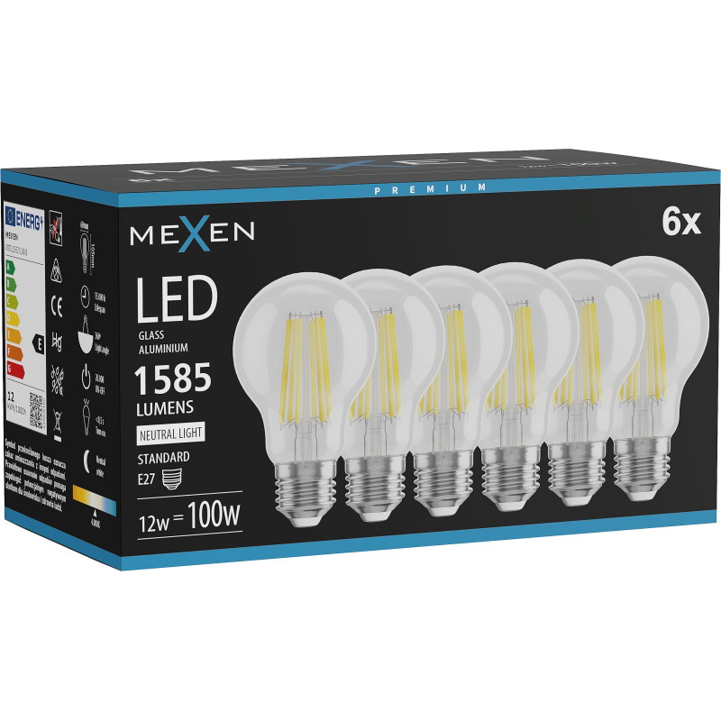 Mexen Vintis 6x Žiarovka filament LED E27, A60, 12W, Neutrálna - 4000K, 1585 lm, číra - L150-E27-1240-00x06