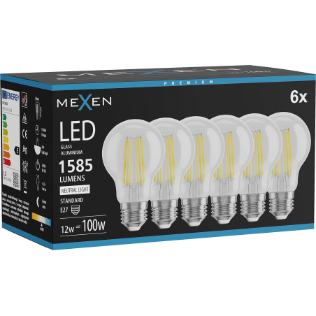 Mexen Vintis 6x Žiarovka filament LED E27, A60, 12W, Neutrálna - 4000K, 1585 lm, číra - L150-E27-1240-00x06