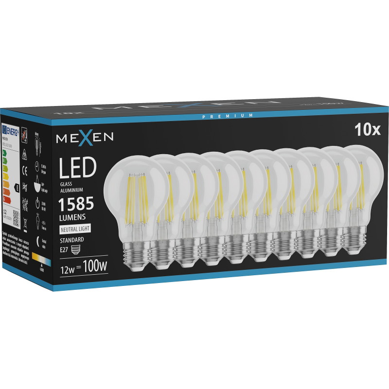 Mexen Vintis 10x Žiarovka filament LED E27, A60, 12W, Neutrálna - 4000K, 1585 lm, číra - L150-E27-1240-00x10