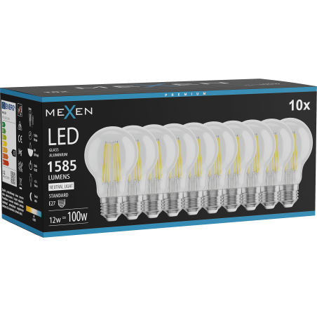 Mexen Vintis 10x Žiarovka filament LED E27, A60, 12W, Neutrálna - 4000K, 1585 lm, číra - L150-E27-1240-00x10