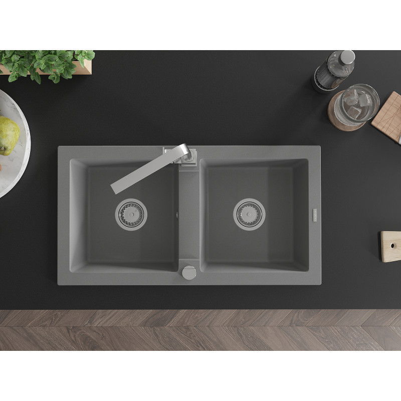 Mexen Mario žulový kuchynský drez 2-komorový s kuchynskou batériou Rita, sivý - 6504-71-670300-00