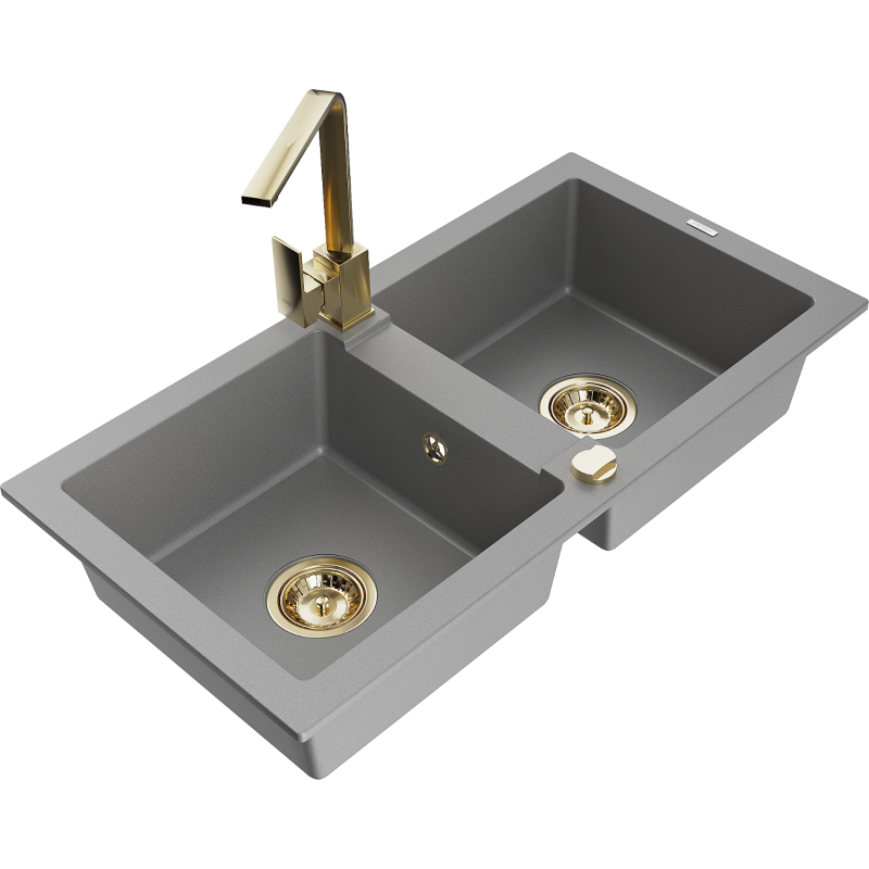 Mexen Mario granitový drez s 2 komorami a kuchynskou batériou Rita, sivý - 6504-71-670300-50
