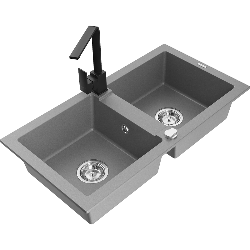 Mexen Mario dvojkomorový žulový drez s kuchynskou batériou Rita, šedý - 6504-71-670300-70