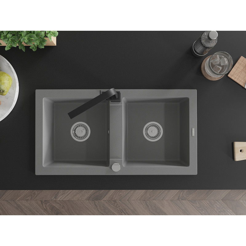 Mexen Mario dvojkomorový žulový drez s kuchynskou batériou Rita, šedý - 6504-71-670300-70