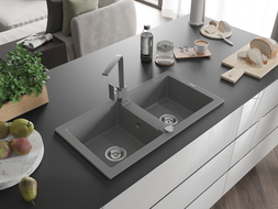 Mexen Mario granitový drez 2-komorový s kuchynskou batériou Rita, sivý - 6504-71-670300-71