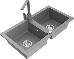Mexen Mario granitový drez 2-komorový s kuchynskou batériou Rita, sivý - 6504-71-670300-71