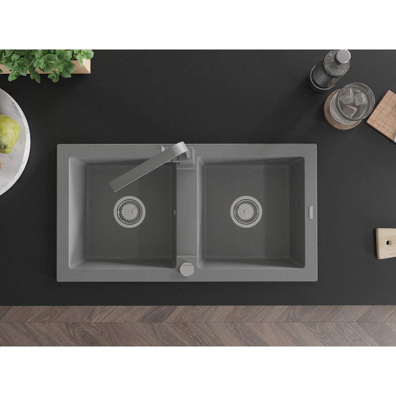 Mexen Mario granitový drez 2-komorový s kuchynskou batériou Rita, sivý - 6504-71-670300-71