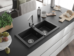 Mexen Mario žulový dvojkomorový kuchynský drez s kuchynskou batériou Rita, čierny - 6504-77-670300-00
