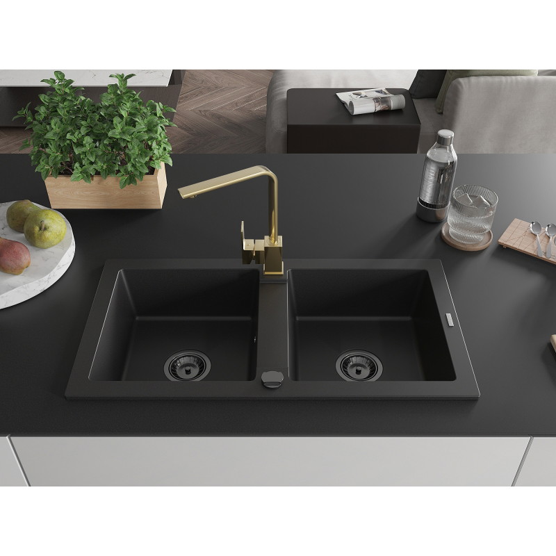 Mexen Mario granitový drez s 2 komorami s kuchynskou batériou Rita, čierny - 6504-77-670300-50-B