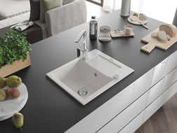 Mexen Enzo granitový drez s 1 komorou s odkvapkávačom a kuchynskou batériou Rita, biely - 6506-20-670300-00