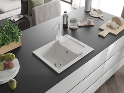 Mexen Enzo jednokomorový granitový drez s odkvapkávačom a kuchynskou batériou Rita, biely - 6506-20-670300-20