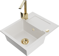 Mexen Enzo žulový drez 1-komorový s odkvapkávačom a kuchynskou batériou Rita, biely - 6506-20-670300-50