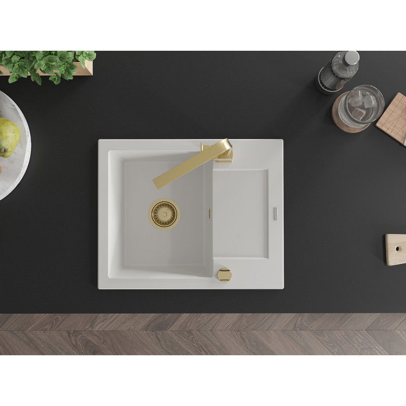 Mexen Enzo žulový drez 1-komorový s odkvapkávačom a kuchynskou batériou Rita, biely - 6506-20-670300-50