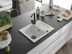 Mexen Enzo granitový drez 1-komorový s odkvapkávačom a kuchynskou batériou Rita, biely - 6506-20-670300-70