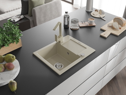 Mexen Enzo jednokomorový žulový drez s odkvapkávačom a kuchynskou batériou Rita, béžový - 6506-69-670300-69