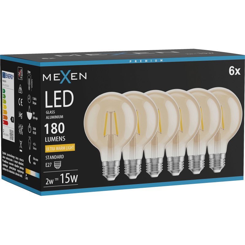 Mexen Vintis 6x LED filamentová žiarovka E27, G80, 2W, Teplá - 2200K, 180 lm, jantárová - L155-E27-0222-50x06