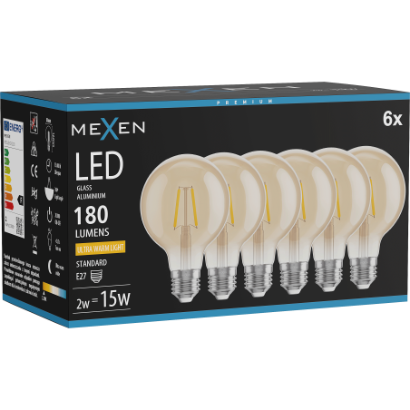 Mexen Vintis 6x LED filamentová žiarovka E27, G80, 2W, Teplá - 2200K, 180 lm, jantárová - L155-E27-0222-50x06