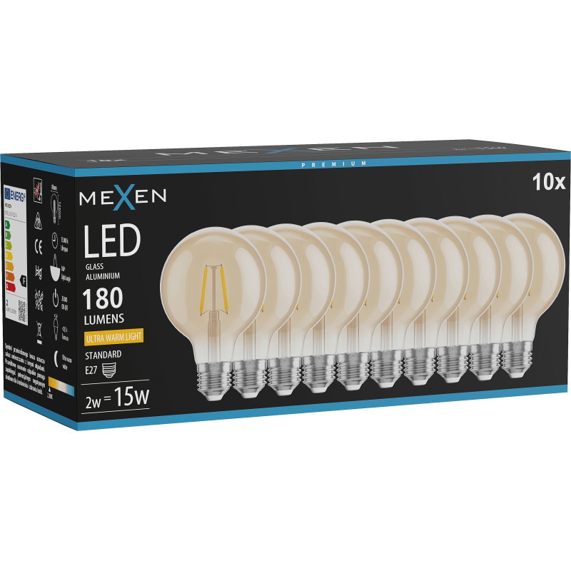 Mexen Vintis 10x LED žiarovka filament E27, G80, 2W, Teplá - 2200K, 180 lm, amber - L155-E27-0222-50x10