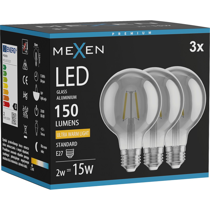 Mexen Vintis 3x LED žiarovka filament E27, G80, 2W, Teplá - 2200K, 150 lm, dymová - L155-E27-0222-70x03