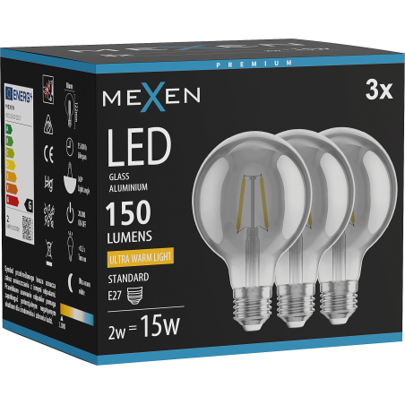 Mexen Vintis 3x LED žiarovka filament E27, G80, 2W, Teplá - 2200K, 150 lm, dymová - L155-E27-0222-70x03