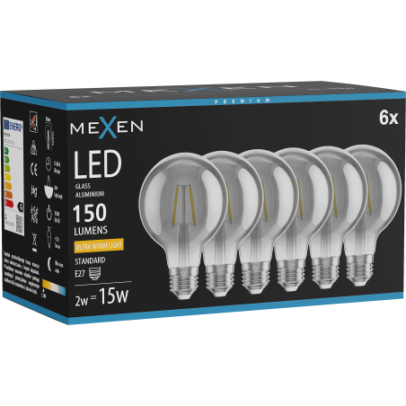 Mexen Vintis 6x LED žiarovka s vláknom E27, G80, 2W, Teplá - 2200K, 150 lm, dymová - L155-E27-0222-70x06