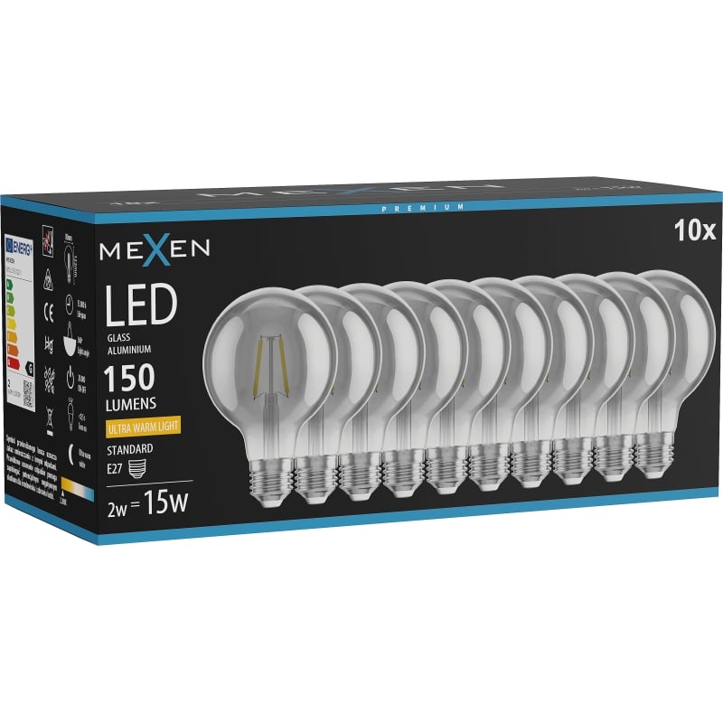 Mexen Vintis 10x žiarovka filament LED E27, G80, 2W, Teplá - 2200K, 150 lm, smoke - L155-E27-0222-70x10
