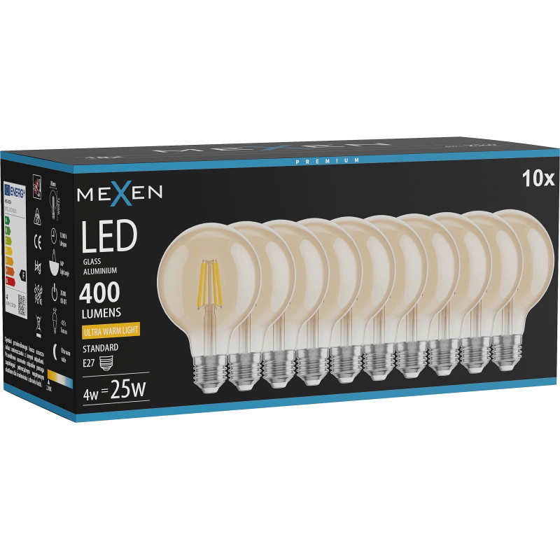 Mexen Vintis 10x žiarovka filament LED E27, G80, 4W, Teplá - 2200K, 400 lm, jantárová - L155-E27-0422-50x10